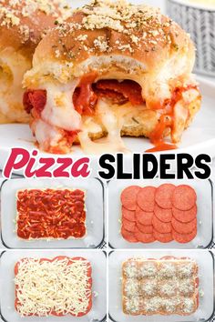 pizza sliders with cheese, tomato sauce and other toppings on the side are shown