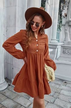 US$ 36.67 - 2022 Women New Temperament Fashion Ruffled Casual Dress Vintage Long Sleeve With Buttons Female Dresses - www.streetally.com Fall Midi Mini Dress With Ruffle Hem, Casual Fall Dresses With Ruffle Hem, Casual Dresses With Ruffle Hem For Fall, Fall Knee-length Dress With Ruffle Hem, Fall Dresses With Ruffles, Non-stretch Mini Dress For Fall Day Out, Ruffled Dresses For Fall, Fall Day Out Non-stretch Mini Dress, Casual Mini Dress With Ruffle Hem For Fall