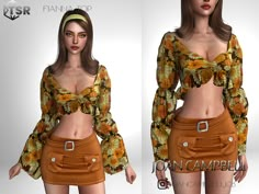 two pictures of a woman wearing brown shorts and a crop top with sunflowers on it