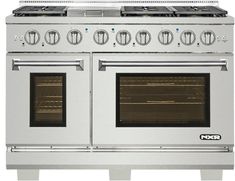 two ovens side by side with the doors open