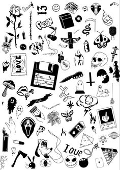 black and white drawing of various items in the shape of letters