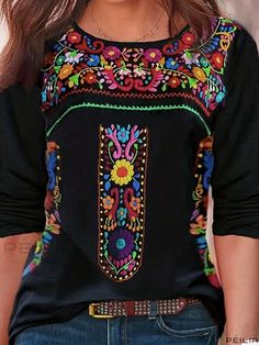 Peilia - Womens Ethnic Long Sleeve T-Shirt: Stylish Mexican-Inspired Casual Top for Spring & Fall Black Bohemian T-shirt For Festival, Multicolor Bohemian Crew Neck Tops, Bohemian Multicolor Crew Neck Tops, Traditional Printed Black Tops, Traditional Black Printed Top, Bohemian Graphic Print Patterned T-shirt, Black Bohemian Tops With Boho Print, Black Bohemian Top With Boho Print, Black Bohemian Tops For Festivals