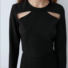 Zara Top Black Cropped Top For Formal Occasions, Fitted Cutout Top For Evening, Black Long Sleeve Cutout Top, Black Long Sleeve Tops With Cutout, Black Long Sleeve Top With Cutout, Elegant Cropped Black Top, Fitted Black Top With Cutout, Black Cutout Evening Tops, Black Cutout Top For Evening