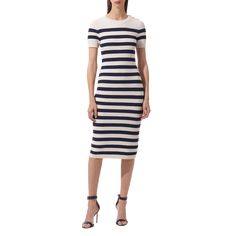 Carolina Herrera knit midi dress features allover stripes and gold-tone buttons at the shoulder  Round neckline Short sleeves Ribbed trim  Hem falls below the knee Sheath silhouette  Silk/cotton Imported Evening Flats, Cocktail Jacket, Knit Midi, Knit Midi Dress, Lingerie Sleepwear, Sweater Skirt, Striped Knit, Carolina Herrera, Coat Dress