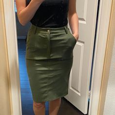 Never Worn. Just Tried On Casual Green Lined Pencil Skirt, High Waist Green Skirt For Work, Green Cotton Mini Skirt For Work, Green Pencil Skirt With Pockets, Green Fitted Casual Pencil Skirt, Khaki Skirt For Workwear, Green Relaxed Skirt For Work, Green Relaxed Fit Skirt For Work, Casual Lined Bottoms For Office