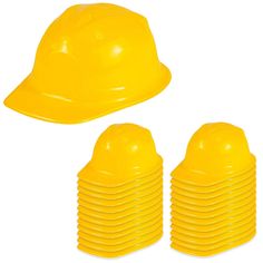 yellow construction hats and caps are stacked on top of each other in this set photo