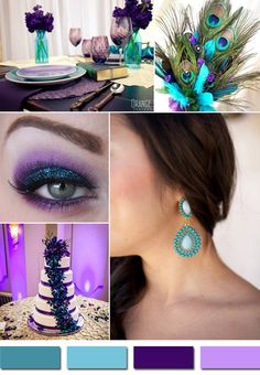 purple and teal wedding color palettes with peacock feathers on the top, blue eyeshades