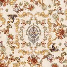 an intricately designed wallpaper with flowers and leaves in gold, red, blue, green and white colors