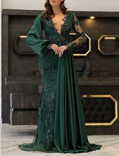 Mermaid / Trumpet Evening Gown Luxurious Dress Formal Wedding Guest Floor Length Sleeveless V Neck Fall Wedding Guest Lace with Appliques Pure Color Prom Gown Elegant, Green Mermaid Prom Dress, Dress Formal Wedding Guest, Gown Elegant, Formal Wedding Guests, Luxurious Dresses, Mermaid Evening Gown, Fall Wedding Guest, Evening Dresses Online