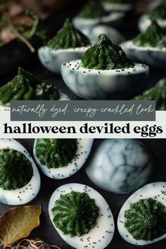 several deviled eggs with green leafy toppings on them and text overlay