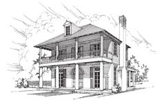 a drawing of a two story house with porches and balconies on the second floor