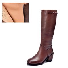 Normal Fit and True to Size. Leather High Boots, Bright-Coloured And Retro Style. Leather And Printing Collision. Elegant, Release Your Feet. Made Of Genuine Leather And Light Weight Rubber Sole. 7.5Cm/2.95'' Heel, Tube Height: 35Cm/13.8"Tube Circumference:35Cm/13.8" 0.5Kg Each Shoes. Great Boots To Spice Up Any Outfit, From Casual Jeans To Fancy Dress. The More You Wear Them, The More Comfortable They Will Become! Winter Rivet Faux Leather Boots, Winter Faux Leather Boots With Rivets, Winter Leather Platform Boots With Rivets, Winter Brown Wide Calf Platform Boots, Brown Winter Boots With Rivets, Brown Leather Knee-high Martin Boots, Fitted Winter Boots With Rivets, Knee-high Riveted Winter Boots, Brown Knee-high Moto Boots For Workwear