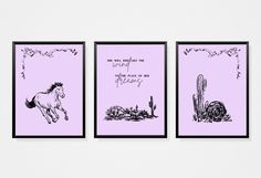 three pink posters with horses and cactuses on them, one has a quote from the poem