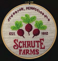 a cross stitch pattern with the words schrute farms and radishes on it