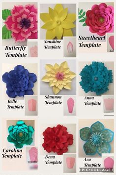 the instructions for making paper flowers are shown in several different colors and sizes, including red, yellow, blue, green