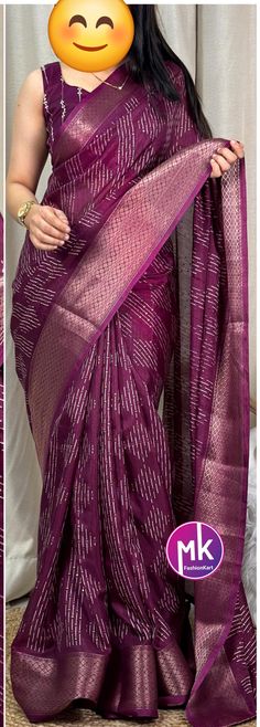 Muslin Cotton Printed Saree with Foil touch up & Zari Jacquard border tussles in pallu Saree and Mono Banglori blouse piece - MK Fashionkart Fabric  Saree : Muslin Cotton Blouse : Mono Banglori blouse piece Color     : Saree - Dark purple                  Blouse - Dark Purple Washing instructions : Dry wash only. Note :  10% Colors may vary slightly due to lighting. If you are interested in purchasing this item and have any questions about this item, please feel free to send us a message. SHIPPING : Ready to ship in 1 business day. This item will be shipped from The United States. Transitional Slub Silk Blouse Piece With Self Design, Festive Purple Cotton Silk Pre-draped Saree, Festive Purple Pre-draped Cotton Silk Saree, Purple Cotton Silk Handloom Saree, Purple Handloom Cotton Silk Saree, Unstitched Handloom Blouse Piece For Navratri, Festive Handloom Anarkali Blouse Piece, Purple Slub Silk Sets For Festivals, Handloom Tissue Silk Sets For Navratri