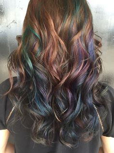 Hidden Oil Slick Hair, Brunette Oil Slick Hair, Oil Slick Hair Color Light Brown, Dark Brown Rainbow Hair, Brown Oil Slick Hair, Oil Slick Hair Color Blonde, Oil Slick Hair Color Brunettes, Hair Lights