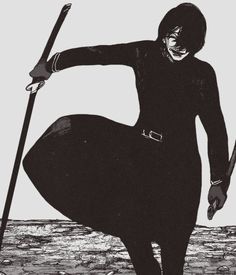 a black and white drawing of a woman with a cane on the beach holding a surfboard