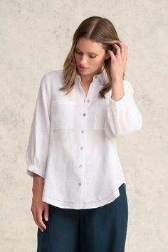 Essential Linen Shirt - White Classic Linen Top With Button Cuffs, Classic Linen Tops With Button Cuffs, White Linen Shirt With Button Cuffs, Linen Button-up Tops With Roll-up Sleeves, Classic Linen Blouse With Buttons, Classic Linen Shirt With Roll-up Sleeves, Classic White Blouse With Roll-up Sleeves, Linen Shirt With Button Cuffs And Shirttail Hem, Classic Blouse With Roll-up Sleeves For Everyday