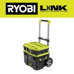 a green and black tool box with wheels on the side, next to a yellow sign that says ryobi link