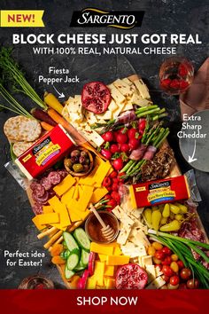 a poster with different types of cheeses and meats on it's sides