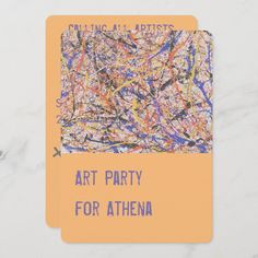 an art party for athena card on a marble surface with the words, art party for athena