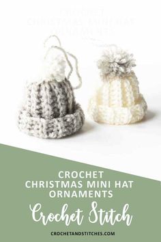 Gray mini hat ornament with white pom pom and white mini hat ornament with gray pom pom on top