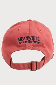 Our twill hat features a navy Meanwhile rooster on the front and Meanwhile Back On The Farm stitched on the back. Casual Cap For Country Events, Classic Red Cotton Hat, Classic Red Cotton Baseball Cap, Casual Short Brim Hat For Baseball Season, Casual Cotton Hats Made In Usa, Casual Adjustable Hats Made In Usa, Red Cotton Hats With Curved Bill, Red Cotton Hat With Curved Bill, Casual Baseball Cap With Short Brim For Baseball Season