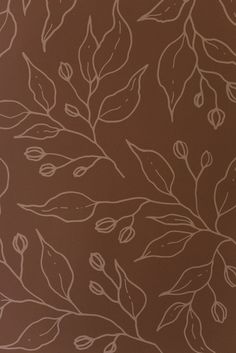 a brown wall with white leaves and berries on it's side, in front of a tan background