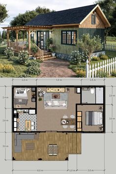 the floor plan for a small cabin with an attached porch and living room, as well as