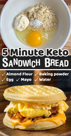 an egg and cheese sandwich with the words 5 minute keto sandwich bread on it