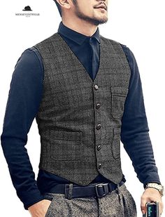 Casual Men's Slim Fit Plaid Tweed V Neck Waistcoat Business Suit Vest, Men's Business Suits, Double Breasted Waistcoat, Striped Suit, Printed Suit, Tweed Vest, Mens Business, Party Jackets, Mens Suit Vest