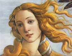 a painting of a woman's face with long blonde hair and a bird flying over her head