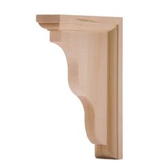 an unfinished wooden shelf bracket on a white background