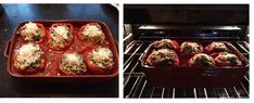 an oven with some stuffed tomatoes in it