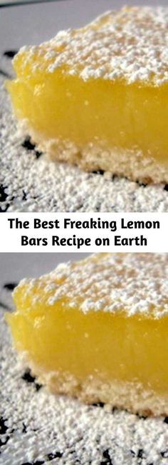 two slices of lemon cake with powdered sugar on top and the words, the best treating lemon bars recipe on earth