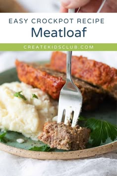 meatloaf on a plate with mashed potatoes and parmesan sauce is being held by a fork