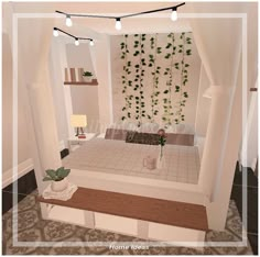 a bedroom with white walls and green plants on the wall