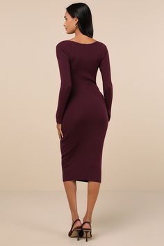 Head-to-Toe CozinessThe stretchy ribbed knit construction of this sweater dress ensures all-day comfort, while a sweetheart neckline and figure-flaunting bodycon silhouette create a flirty essence. Long sleeves and a midi hem complete the look. Fit: This garment fits true to size. Length: Mid-calf length. Size medium measures 43" from shoulder to hem. Bust: Great for any cup size. Waist: Fitted - stretchy fabric allows custom fit. Hip: Fitted - stretchy fabric allows room for hips. Undergarments Formal Fall Midi-length Sweater Dress, Purple Fitted A-line Midi Dress, Purple Long Sleeve Stretch Midi Dress, Purple Bodycon Knee-length Midi Dress, Plum Midi Dress, Wedding Guest Dresses Long, Ribbed Bodycon Midi Dress, Casual Wedding Guest Dresses, Classic Black Dress