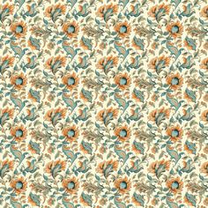 an orange and blue flower pattern on a white wallpaper with light green, brown, and