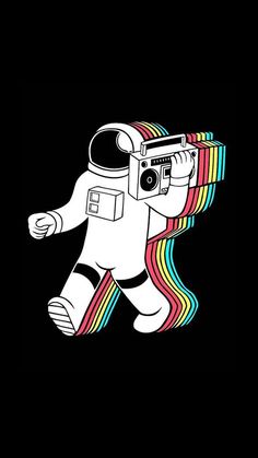 an astronaut with a camera in his hand and rainbows on the ground, against a black background