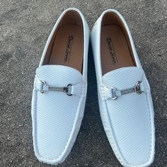 These Are Perfect For Spring! Weddings, Church, Date Nights, Easter, Etc! They’re ! Classic White Almond Toe Slip-ons, White Classic Almond Toe Slip-ons, White Round Toe Dress Shoes For Summer, Summer White Round Toe Dress Shoes, Formal Summer Moccasins With Almond Toe, Elegant Slip-on Moccasins For Summer, Elegant Slip-on Summer Moccasins, White Slip-on Formal Loafers, White Slip-on Loafers For Formal Occasions