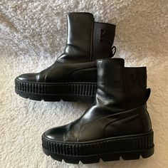 Puma Fentyxchelsea Black Leather Pull-On Ankle Boot With Low Platform Sole. Round Toe, Comfortable, Black On Black Embroidery At The Back. Excellent Pre-Owned Condition, Immaculate With No Scratches. Black On Black Embroidery, Puma Fenty Shoes, Fenty Shoes, Puma Fenty, Shoes Puma, Black Embroidery, Black On Black, Fenty Puma, Leather Pulls