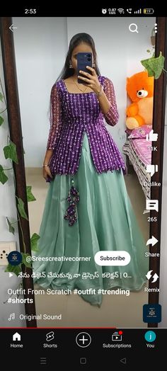 Organza Dress Lehenga, Dress Materials Stitching Ideas, Sarees Into Long Frocks, Double Colour Frock Design, Reception Dress Bridesmaid Indian, Outfit From Scratch Ideas, Lehanga Croptop Designs Latest, Long Gown Dress From Organza Saree, Organza Long Frocks Indian