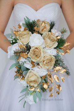 Wedding Flower Brides bouquet with gold glitter tipped roses, white roses, pine greenery and gold leaves, sage greenry and babies breath White And Gold Wedding Themes, Gold Wedding Bouquets, Small Bridesmaid Bouquets, Fake Wedding Flowers, Sage Eucalyptus, Gold Wedding Flowers, Green Gold Weddings, Gold Bouquet, Green Wedding Bouquet