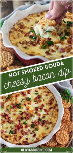 a person dipping cheese on top of a cheesy bacon dip