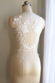 2207 Large Bridal Gown Lace Applique, Light Ivory, Unique Mirrored Pair, Leaf Lace Applique, Wedding Gown Bodice Lace Applique, Oversize Lac - Etsy White Scalloped Lace Dress For Wedding Night, White Lace Dress With Lace Bodice, Fitted Cream Lace Wedding Dress, Sleeveless Lace Dress With Lace Back For Wedding, Fitted White Crochet Lace Top, White Fitted Crochet Lace Top, Off White Lace Dress For Wedding, White Scalloped Lace Sleeveless, Off White Lace Trim Wedding Dress