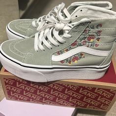 Beautiful Olive Green Vans! Worn Maybe Twice In Perfect Condition. Embroidered Sneakers For Spring Streetwear, Spring Embroidered Sneakers For Streetwear, Spring Streetwear Embroidered Sneakers, Olive Green Vans, Embroidered Vans, Girls Vans, Vans Green, Green Vans, Van Color