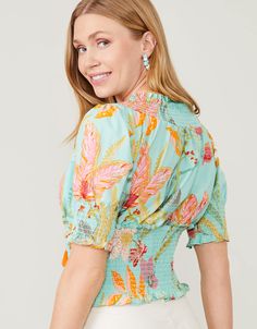 Anya Smocked Blouse Queenie Tropical Floral Sea Foam from Spartina 449 Smocked Blouse, Spartina 449, Smock Blouse, Tropical Floral, Jean Skirt, High Rise Jeans, Sea Foam, Light Green, Smocking