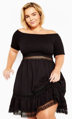 Dress your curves in chic style with the Aura Dress, finished in a timeless black. Shop women's plus size fashion online at City Chic. Plus Size Models, Lingerie Dress, Date Night Dresses, Crochet Details, Fit N Flare Dress, City Chic, Workwear Dress, Plus Size Dress, Denim Fashion